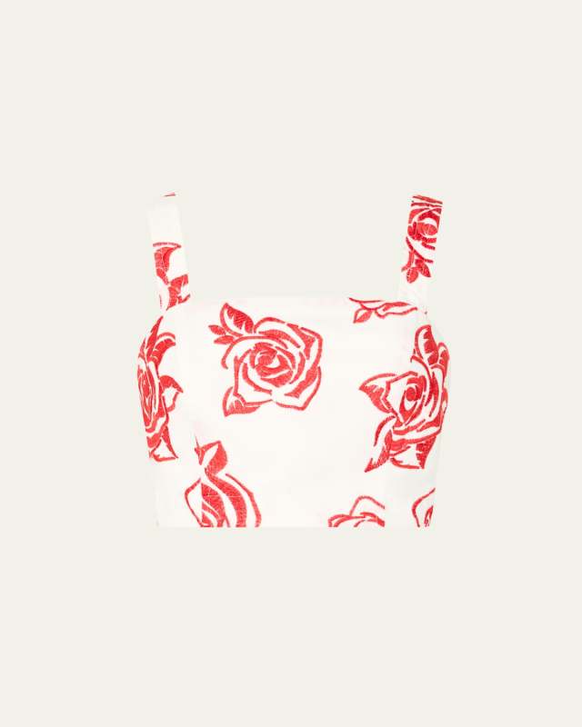 Rose Embroidered Square-Neck Crop Top
